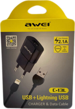 Awei Lightning Data Cable & USB Charger 2.1A Adapter Μαύρο