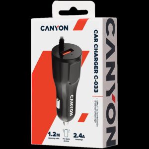 Canyon Φορτιστής Αυτοκινήτου 2.4A + μια Θύρα USB κι Ενσωματωμένο Καλώδιο Lightning Μαύρο C-033