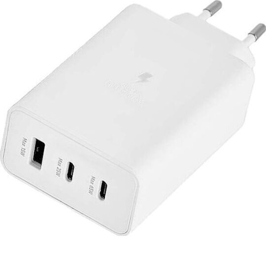 Charger with USB-A Port and 2 USB-C Ports 65W Power & Cable Type-C White