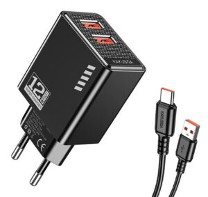 KAKUSIGA Φορτιστής Τοίχου KSC-1238 με Καλώδιο USB-C 2x USB 12W Μαύρος