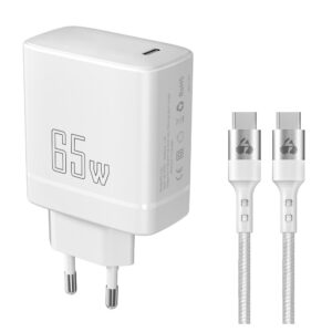 Powertech Φορτιστής Τοίχου με Καλώδιο USB-C 65W GaN Λευκός