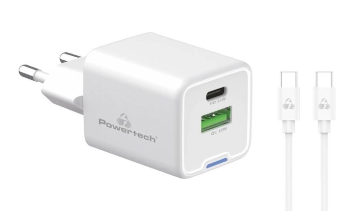 Powertech Φορτιστής Τοίχου Pt 1224 Καλώδιο Usb Usb C 33w Gan Λευκός