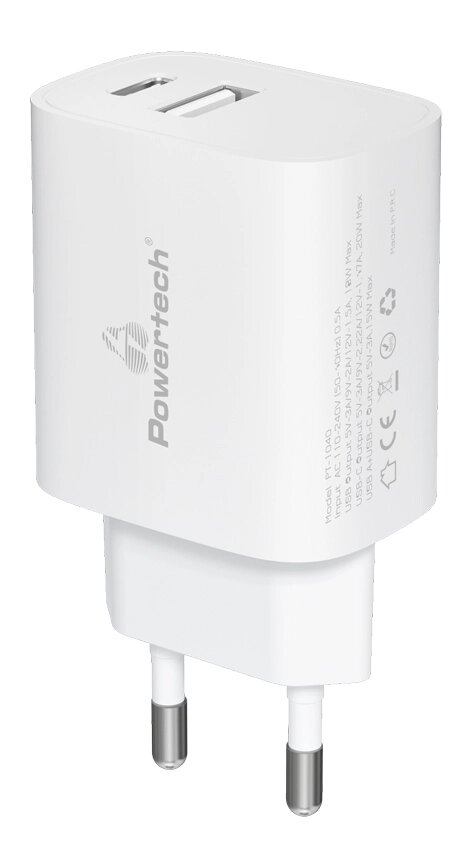Powertech Φορτιστής Τοίχου USB & USB-C PD QC3.0 20W Λευκός
