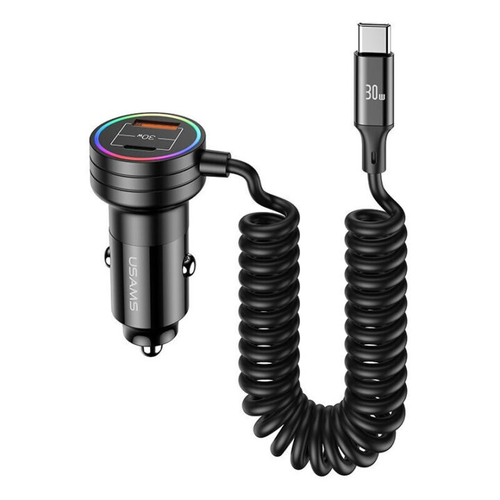 USAMS φορτιστής αυτοκινήτου C33 με καλώδιο USB/USB-C 60W 1m μαύρος