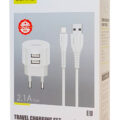 Usams φορτιστής τοίχου T20 2x USB 2.1A λευκός μαζί με καλώδιο Micro USB