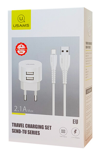 Usams φορτιστής τοίχου T20 2x USB 2.1A λευκός μαζί με καλώδιο Micro USB