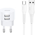 Usams φορτιστής τοίχου T20 2x USB 2.1A λευκός μαζί με καλώδιο type-C