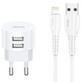 USAMS φορτιστής τοίχου T20 & καλώδιο Lightning 2x USB 2.1A λευκός