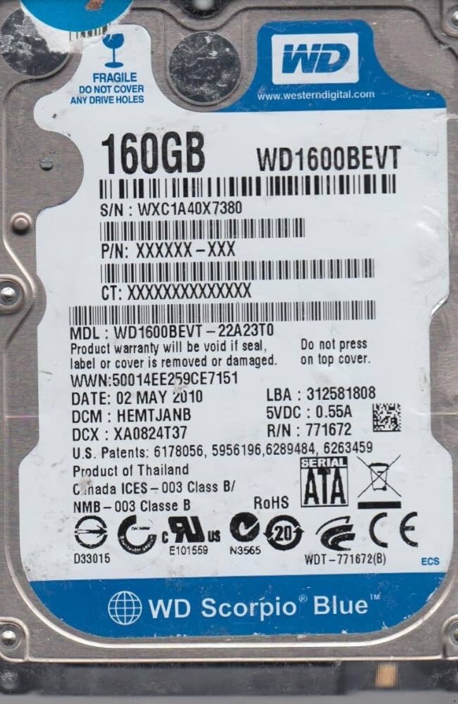 Western Digital Σκληρός Δίσκος WD SATA2 160GB 2,5'' 8M WD1600BEVT